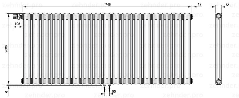 Схема (чертеж) Радиатор Zehnder Charleston 2200/38 №V007 Белый глянцевый RAL 9016